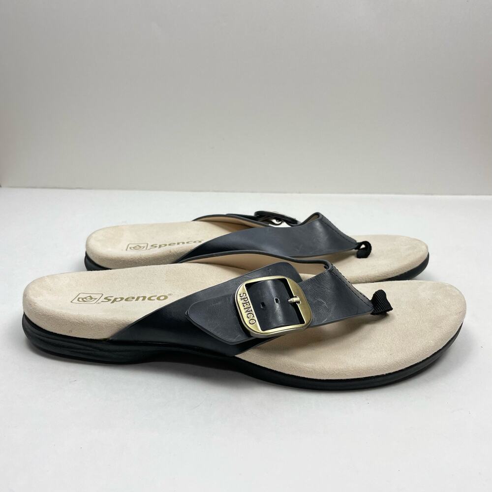 Spenco | 9.5D NWOB Sierra Black Leather Orthotic Comfort Thong Flip Flop Sandals - Picture 4 of 9